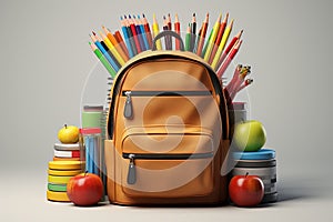 Back to school concept, yellow backpack, book and stationery supplies on classroom desk with education equipment and chalkboard