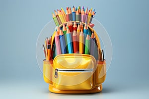 Back to school concept, yellow backpack, book and stationery supplies on classroom desk with education equipment and chalkboard