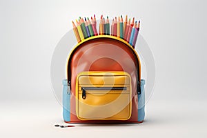 Back to school concept, yellow backpack, book and stationery supplies on classroom desk with education equipment and chalkboard