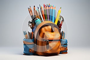 Back to school concept, yellow backpack, book and stationery supplies on classroom desk with education equipment and chalkboard