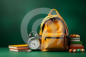 Back to school concept, yellow backpack, book and stationery supplies on classroom desk with education equipment and chalkboard