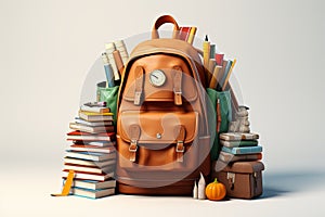 Back to school concept, yellow backpack, book and stationery supplies on classroom desk with education equipment and chalkboard