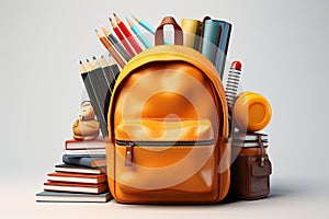 Back to school concept, yellow backpack, book and stationery supplies on classroom desk with education equipment and chalkboard