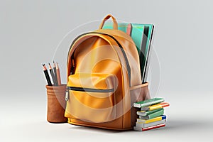 Back to school concept, yellow backpack, book and stationery supplies on classroom desk with education equipment and chalkboard