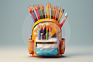 Back to school concept, yellow backpack, book and stationery supplies on classroom desk with education equipment and chalkboard