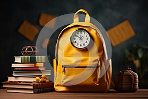 Back to school concept, yellow backpack, book and stationery supplies on classroom desk with education equipment and chalkboard