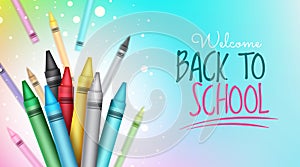 Back to school crayons vector design. Welcome back to school text with creative crayon arts item in colorful gradient background.
