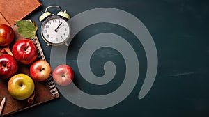 Back to school creative banner. Books, alarm clock, apples with school supplies and educational elements. Concept design for