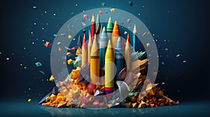 Back to school creative banner. Rocket ship launch made with pencils. Online learning digital education concept. Generative AI