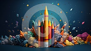 Back to school creative banner. Rocket ship launch made with pencils. Online learning digital education concept. Generative AI