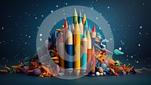 Back to school creative banner. Rocket ship launch made with pencils. Online learning digital education concept. Generative AI