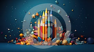 Back to school creative banner. Rocket ship launch made with pencils. Online learning digital education concept. Generative AI