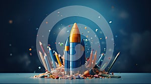 Back to school creative banner. Rocket ship launch made with pencils. Online learning digital education concept. Generative AI