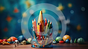 Back to school creative banner. Rocket ship launch made with pencils. Online learning digital education concept. Generative AI