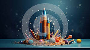 Back to school creative banner. Rocket ship launch made with pencils. Online learning digital education concept. Generative AI