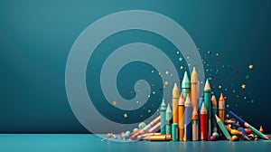 Back to school creative banner. Rocket ship launch made with pencils. Online learning digital education concept. Generative AI