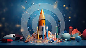 Back to school creative banner. Rocket ship launch made with pencils. Online learning digital education concept. Generative AI