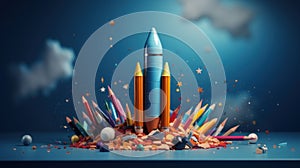 Back to school creative banner. Rocket ship launch made with pencils. Online learning digital education concept. Generative AI