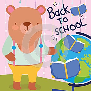Back to school cute bear teacher with books and map education