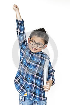 Back to school. Cute boy in glasses having cheerful when time to school on white background