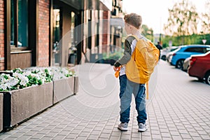 Back to school. Cute child with backpack going to school. Boy pupil with bag. Elementary school student going to classes
