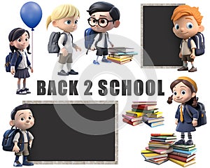 back to school, cute childeren in school uniform with books, balloon and blackboard, isolated on white background