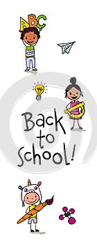 Back to school - cute kids with school supplies - colorful hand drawn cartoon