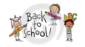 Back to school -cute pupils with school supplies - colorful hand drawn cartoon