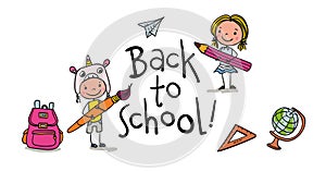 Back to school -cute pupils with school supplies - colorful hand drawn cartoon