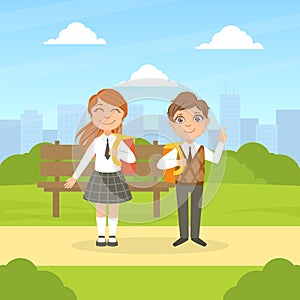 Back to School, Cute Smiling Elementary School Students in Uniform Standing in front of Bench in Park Cartoon Vector