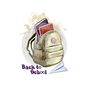 Back to school digital art illustration. Beginning of studying year event. Hand drawn opened backpack, paper plane, books set