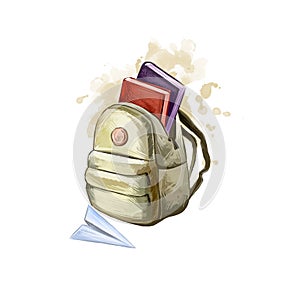 Back to school digital art illustration. Beginning of studying year event. Hand drawn opened backpack, paper plane, books set