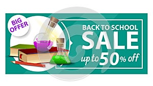 Back to school, discount web banner with books and chemical flasks