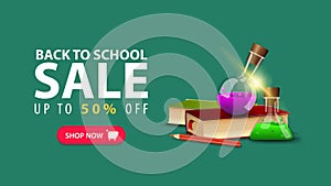Back to school, discount web banner in minimalist style with books and chemical flasks