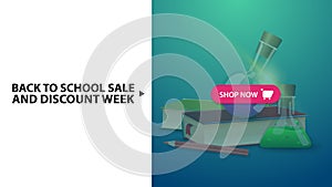 Back to school and discount week, blue horizontal discount web banner with books and chemical flasks