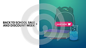 Back to school and discount week, blue horizontal discount web banner with school backpack, a book and a chemical flask