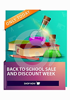 Back to school and discount week, discount vertical web banner with books and chemical flasks