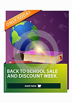 Back to school and discount week, discount vertical web banner with globe and school textbooks