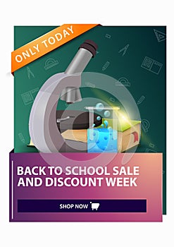Back to school and discount week, discount vertical web banner with microscope, books and chemical flask