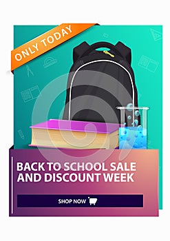 Back to school and discount week, discount vertical web banner with school backpack, a book and a chemical flask
