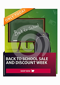 Back to school and discount week, discount vertical web banner with school Board and school backpack