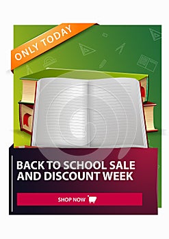 Back to school and discount week, discount vertical web banner with school textbooks and notebook