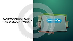 Back to school and discount week, green horizontal discount web banner with school textbooks and notebook