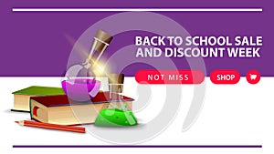Back to school and discount week, horizontal discount web banner with books and chemical flasks