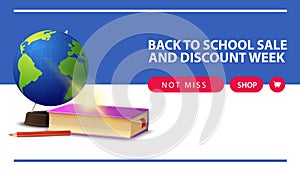 Back to school and discount week, horizontal discount web banner with globe and school textbooks