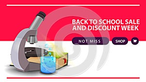 Back to school and discount week, horizontal discount web banner with microscope, books and chemical flask