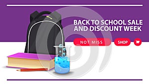 Back to school and discount week, horizontal discount web banner with school backpack, a book and a chemical flask