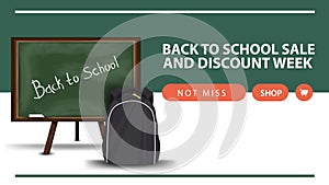 Back to school and discount week, horizontal discount web banner with school Board and school backpack