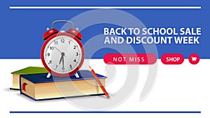 Back to school and discount week, horizontal discount web banner with school books and alarm clock