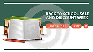 Back to school and discount week, horizontal discount web banner with school textbooks and notebook